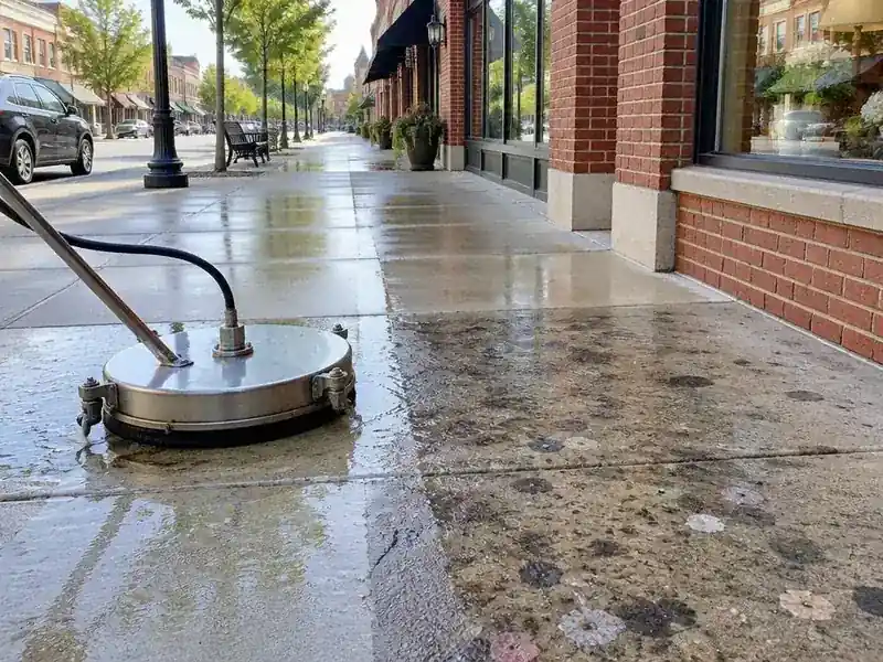 Surface cleaner pressure washing a storefront sidewalk in downtown Barrington, IL