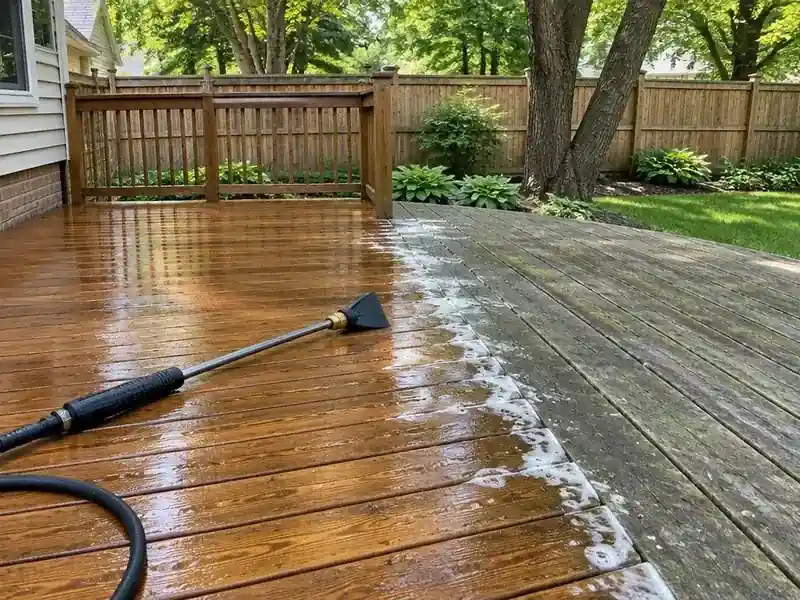 Wood deck half cleaned with a low-pressure wand in a backyard in Barrington, IL