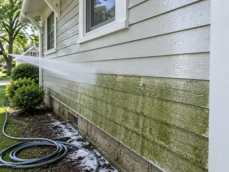 Soft wash solution applied to painted wood siding with green algae in Barrington, IL